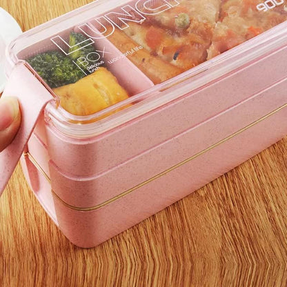 Portable Bento Box, 3-layers Lunch Box, 900ML Wheat Straw Dinnerware Food Storage Container (Pink)