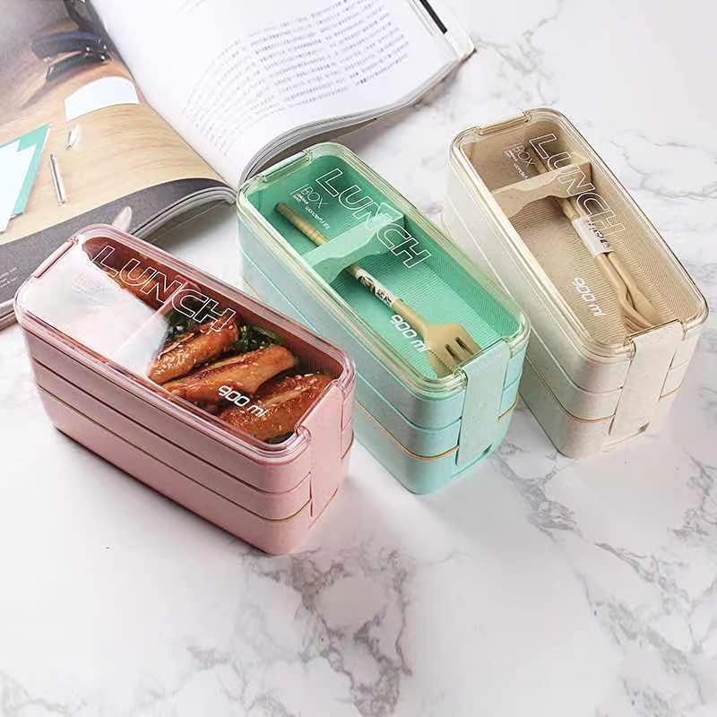 Portable Bento Box, 3-layers Lunch Box, 900ML Wheat Straw Dinnerware Food Storage Container (Pink)