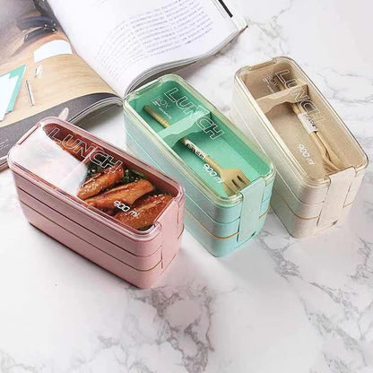 Portable Bento Box, 3-layers Lunch Box, 900ML Wheat Straw Dinnerware Food Storage Container (Pink)