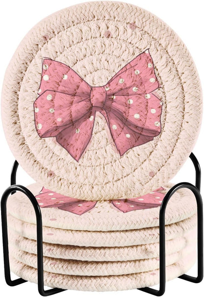 6Pcs Pink Bows Coasters with Holder,Absorbent Drink Coasters Woven Coasters Set for Coffee Table Home Decor Bar Housewarming Gift,3.94 Inches A111311