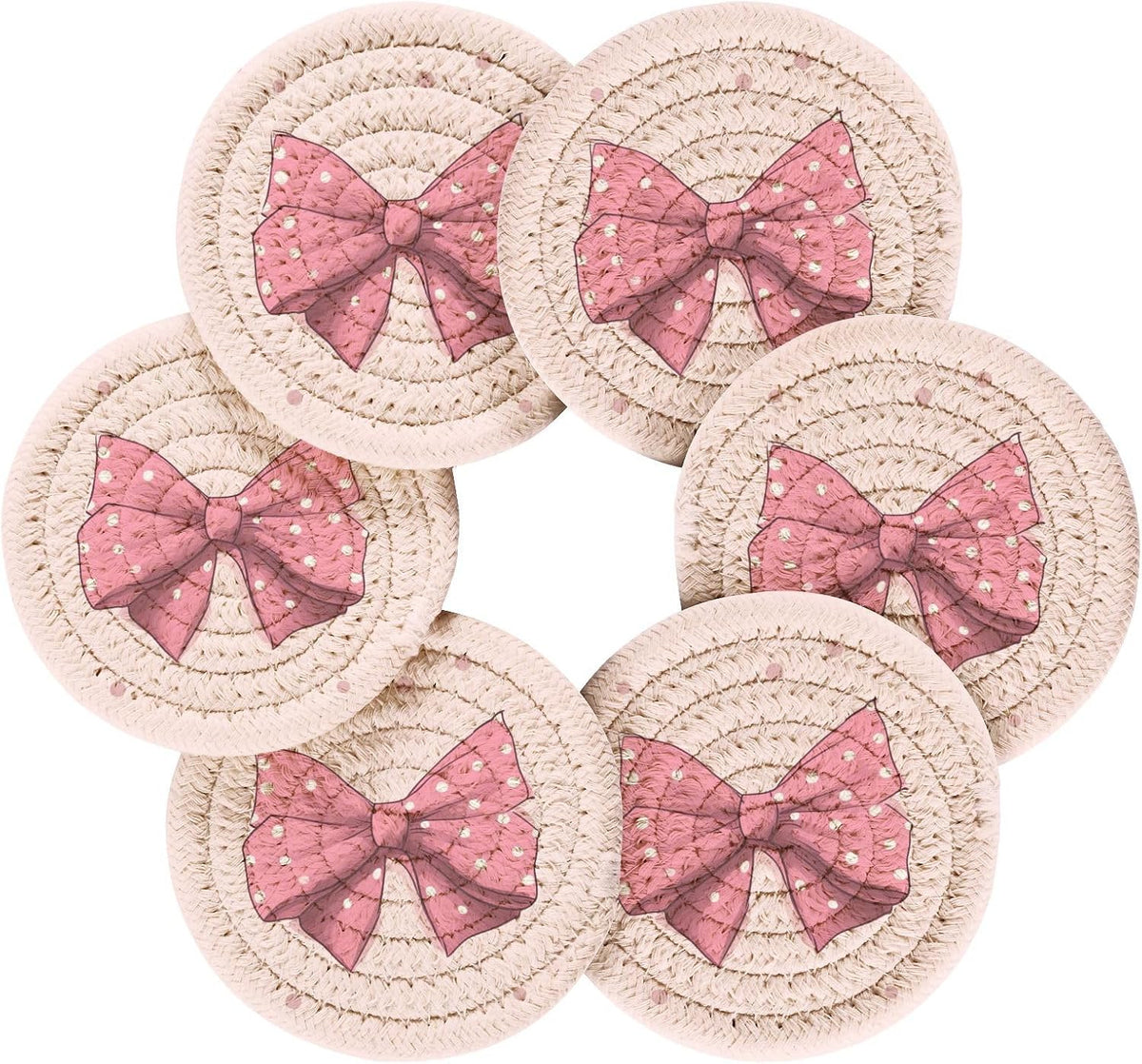 6Pcs Pink Bows Coasters with Holder,Absorbent Drink Coasters Woven Coasters Set for Coffee Table Home Decor Bar Housewarming Gift,3.94 Inches A111311
