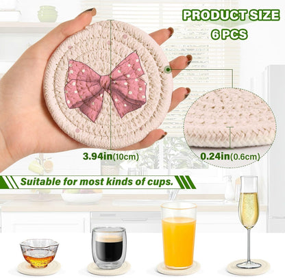 6Pcs Pink Bows Coasters with Holder,Absorbent Drink Coasters Woven Coasters Set for Coffee Table Home Decor Bar Housewarming Gift,3.94 Inches A111311