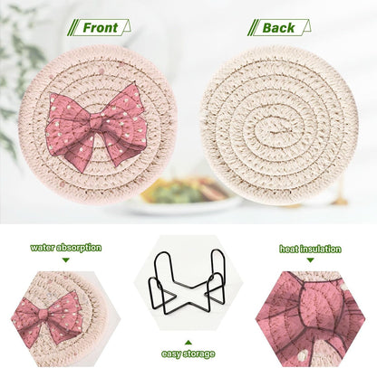 6Pcs Pink Bows Coasters with Holder,Absorbent Drink Coasters Woven Coasters Set for Coffee Table Home Decor Bar Housewarming Gift,3.94 Inches A111311