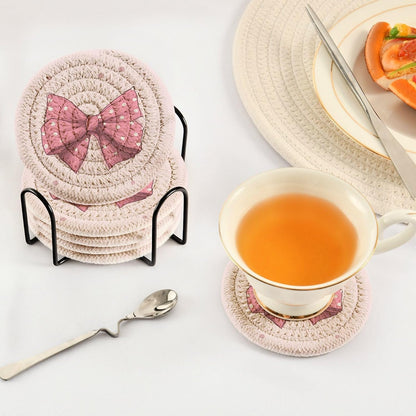 6Pcs Pink Bows Coasters with Holder,Absorbent Drink Coasters Woven Coasters Set for Coffee Table Home Decor Bar Housewarming Gift,3.94 Inches A111311