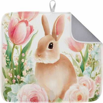 Easter Dish Drying Mat for Kitchen Counter Pink Rose Bunny Drying Pad Absorbent Drying Mats for Countertops Sinks Draining Racks Spring Tulip Floral Leaves Drainer Spring Decor 18x24 Inch