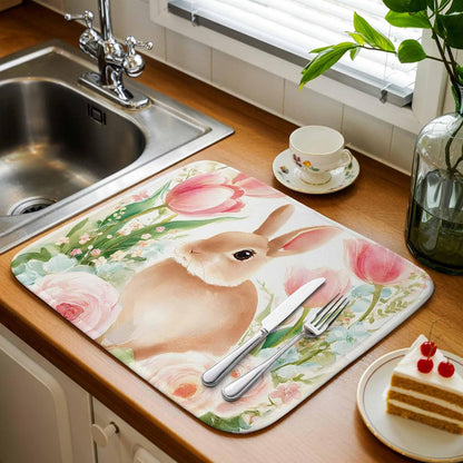 Easter Dish Drying Mat for Kitchen Counter Pink Rose Bunny Drying Pad Absorbent Drying Mats for Countertops Sinks Draining Racks Spring Tulip Floral Leaves Drainer Spring Decor 18x24 Inch