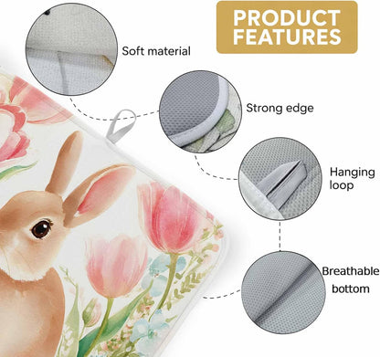 Easter Dish Drying Mat for Kitchen Counter Pink Rose Bunny Drying Pad Absorbent Drying Mats for Countertops Sinks Draining Racks Spring Tulip Floral Leaves Drainer Spring Decor 18x24 Inch