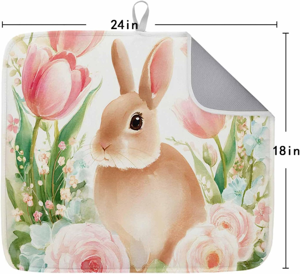 Easter Dish Drying Mat for Kitchen Counter Pink Rose Bunny Drying Pad Absorbent Drying Mats for Countertops Sinks Draining Racks Spring Tulip Floral Leaves Drainer Spring Decor 18x24 Inch