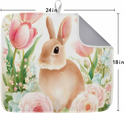 Easter Dish Drying Mat for Kitchen Counter Pink Rose Bunny Drying Pad Absorbent Drying Mats for Countertops Sinks Draining Racks Spring Tulip Floral Leaves Drainer Spring Decor 18x24 Inch