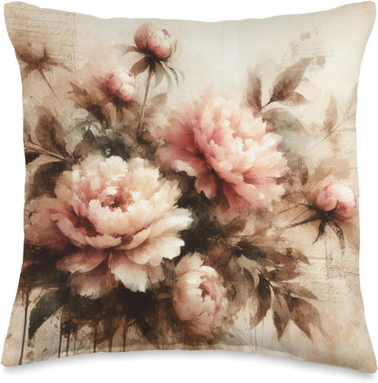 Victorian Garden Vintage Pink Peony Floral Flower Throw Pillow