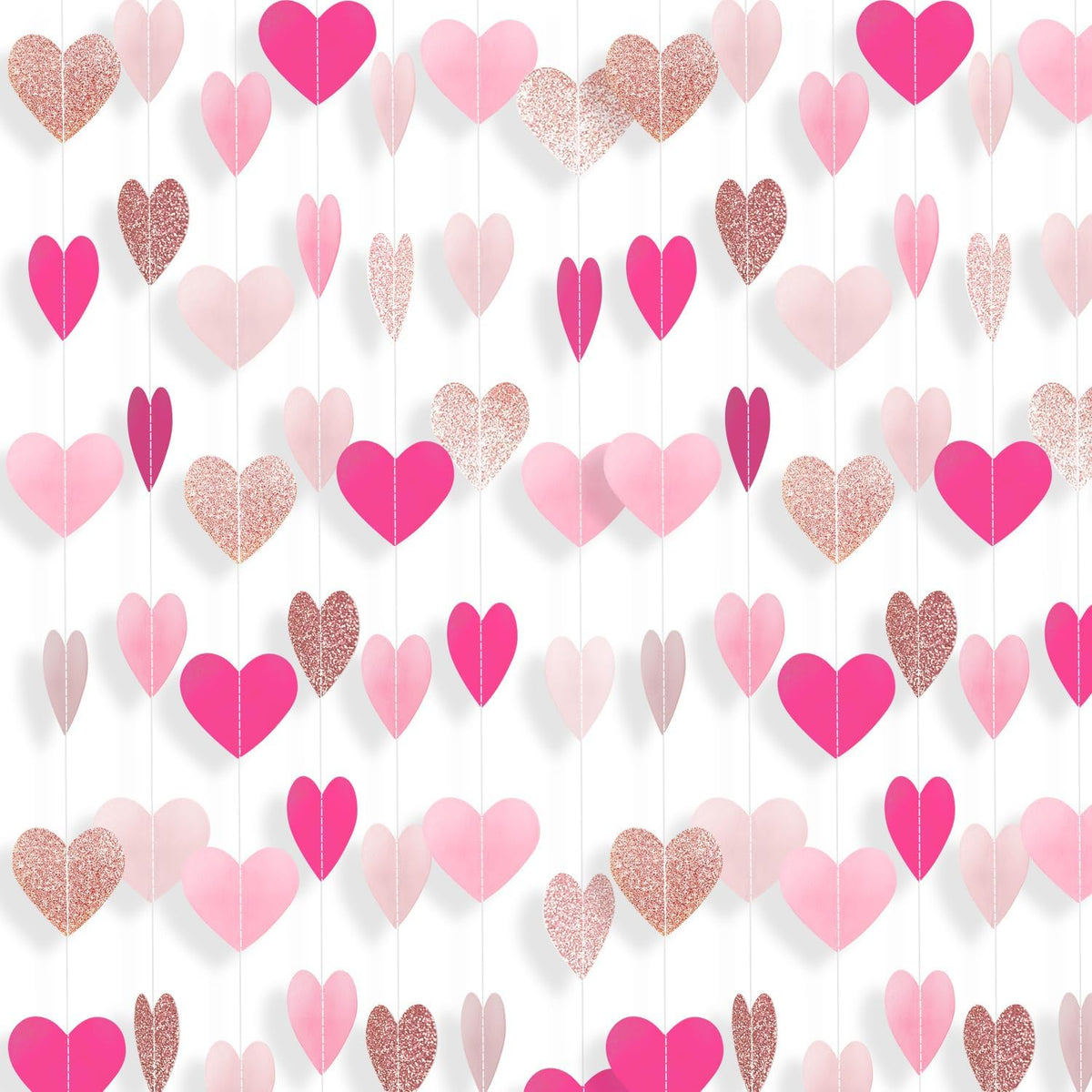 Hot-Pink Rose-Gold Heart Garland Girl Birthday Decorations Heart Paper Streamers Banner for Bachelorette Wedding Engagement Valentines Galentines Mothers Day Party Supplies 52 Feet