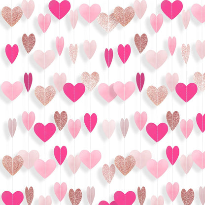 Hot-Pink Rose-Gold Heart Garland Girl Birthday Decorations Heart Paper Streamers Banner for Bachelorette Wedding Engagement Valentines Galentines Mothers Day Party Supplies 52 Feet