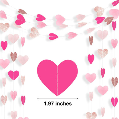 Hot-Pink Rose-Gold Heart Garland Girl Birthday Decorations Heart Paper Streamers Banner for Bachelorette Wedding Engagement Valentines Galentines Mothers Day Party Supplies 52 Feet