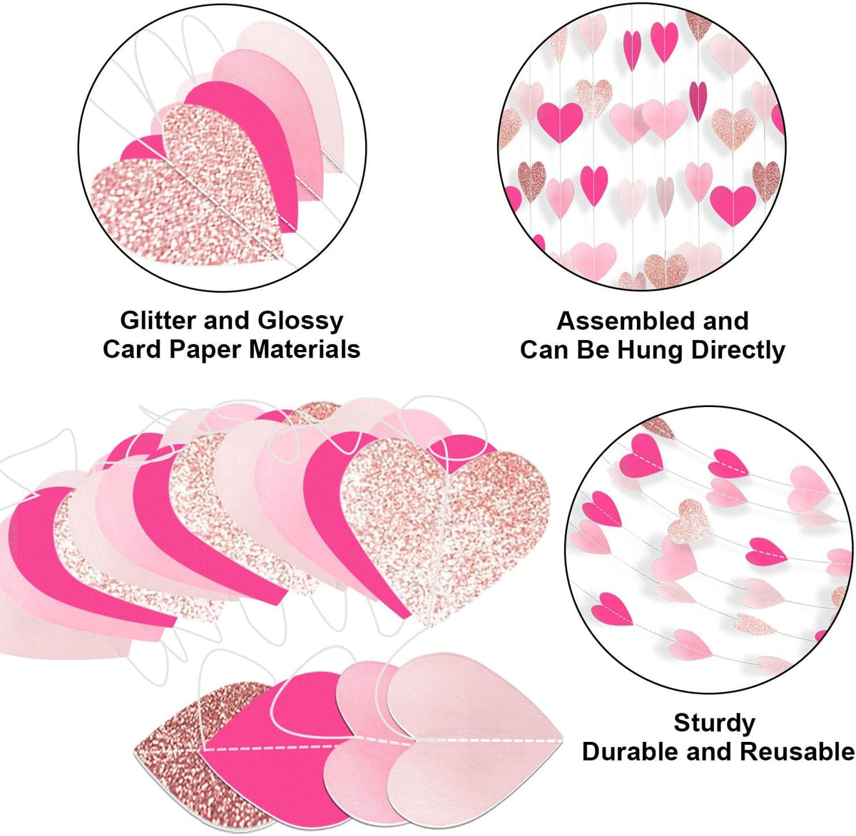 Hot-Pink Rose-Gold Heart Garland Girl Birthday Decorations Heart Paper Streamers Banner for Bachelorette Wedding Engagement Valentines Galentines Mothers Day Party Supplies 52 Feet