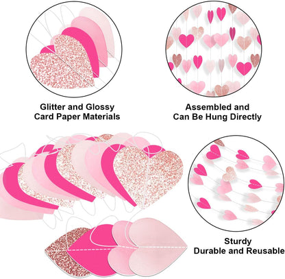 Hot-Pink Rose-Gold Heart Garland Girl Birthday Decorations Heart Paper Streamers Banner for Bachelorette Wedding Engagement Valentines Galentines Mothers Day Party Supplies 52 Feet