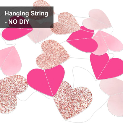 Hot-Pink Rose-Gold Heart Garland Girl Birthday Decorations Heart Paper Streamers Banner for Bachelorette Wedding Engagement Valentines Galentines Mothers Day Party Supplies 52 Feet
