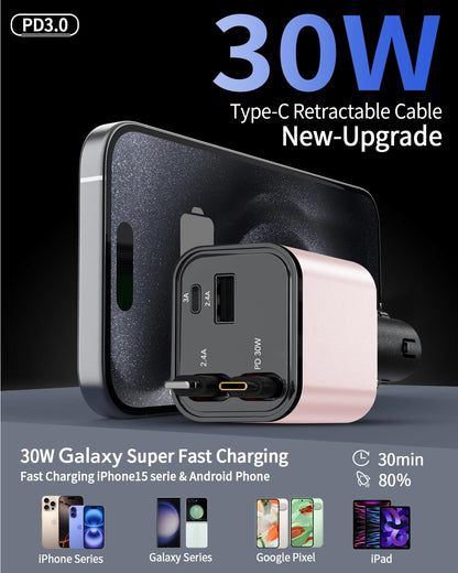84W Retractable Car Charger,Car Phone Charger USB C Fast Charge for iPhone
