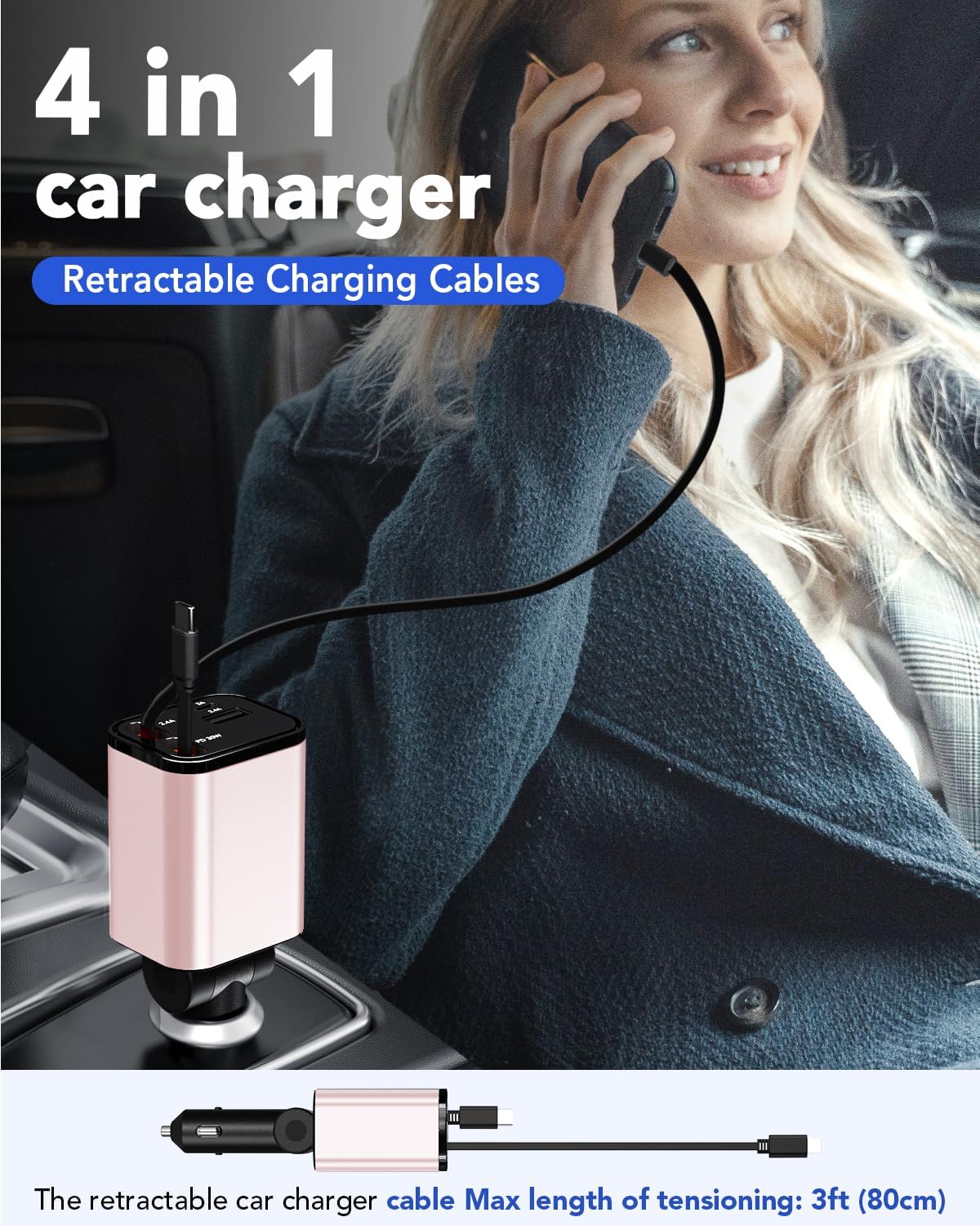 84W Retractable Car Charger,Car Phone Charger USB C Fast Charge for iPhone