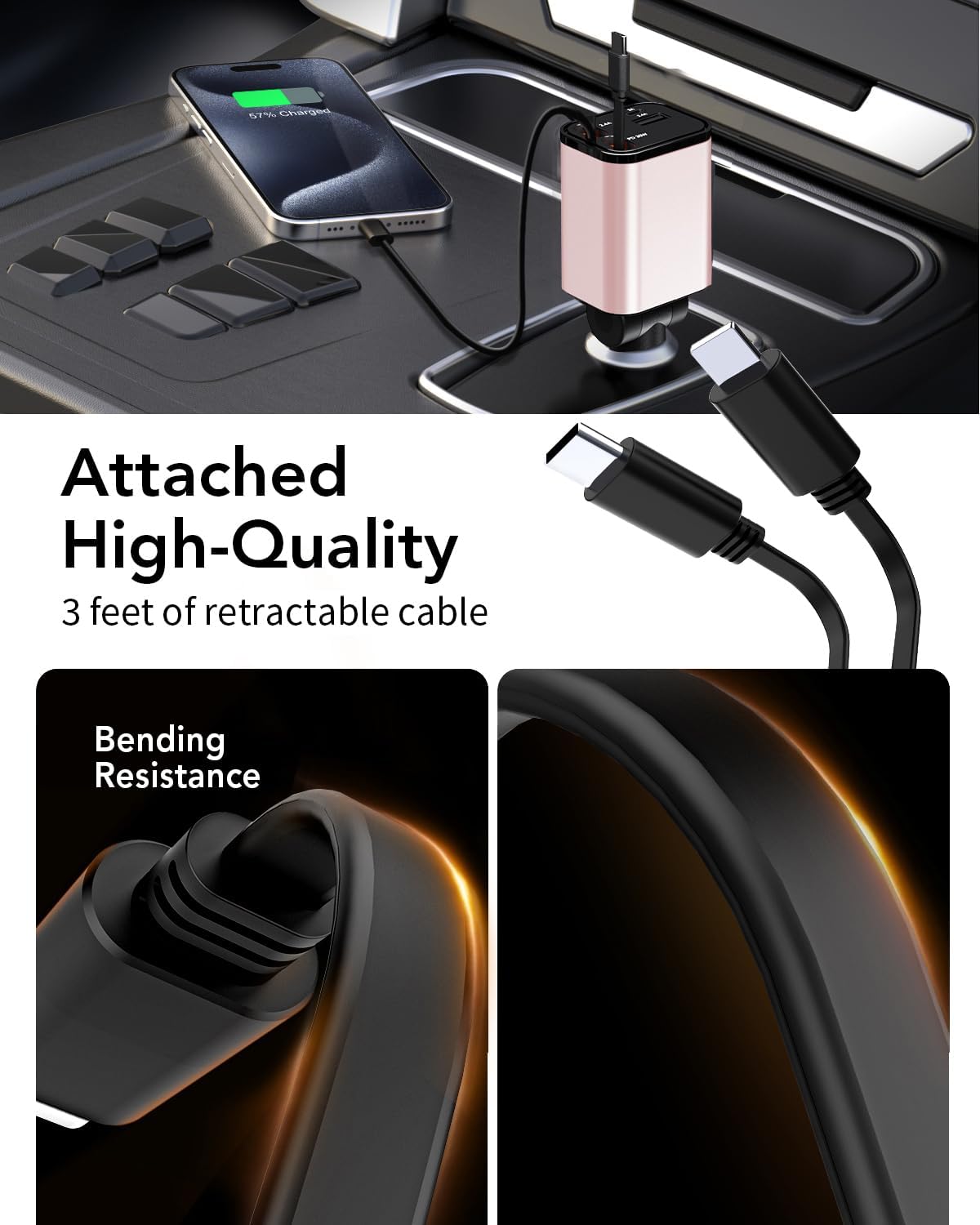 84W Retractable Car Charger,Car Phone Charger USB C Fast Charge for iPhone