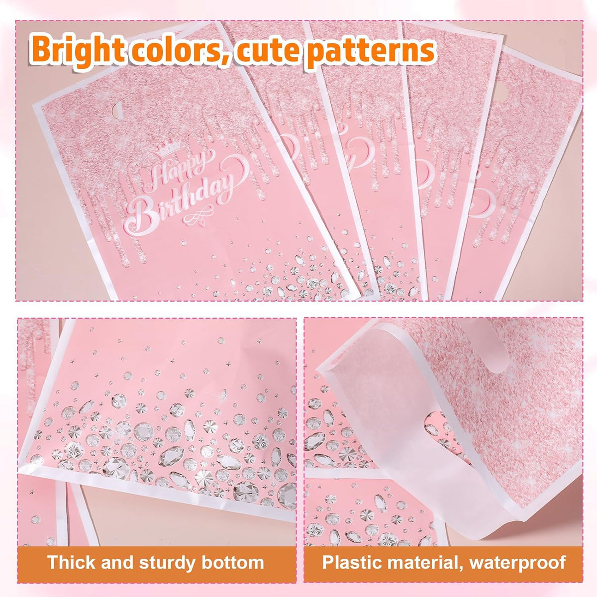 30 Pcs Glitter Diamond Goodie Bag with Handles Happy Birthday Candy Bags Pink Rose Gold Gift Bags Birthday Party Favor Bag for Women Girls Party Decor Supplies