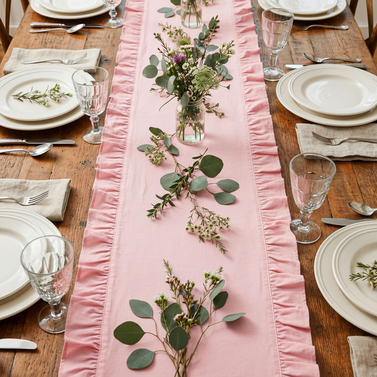 Pink Ruffled Table Runner 72 inch Scalloped Table Runner Cotton Flounces Washable Shabby Farmhouse Rustic Home Kitchen Decoration for Wedding Rectangle Bride Shower Christmas Party