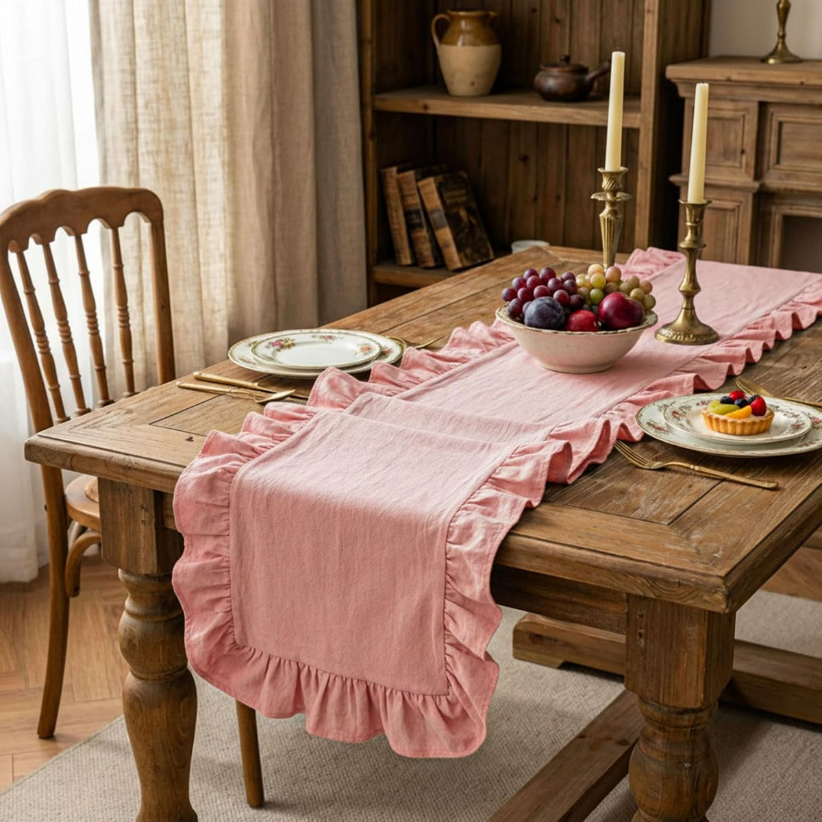Pink Ruffled Table Runner 72 inch Scalloped Table Runner Cotton Flounces Washable Shabby Farmhouse Rustic Home Kitchen Decoration for Wedding Rectangle Bride Shower Christmas Party