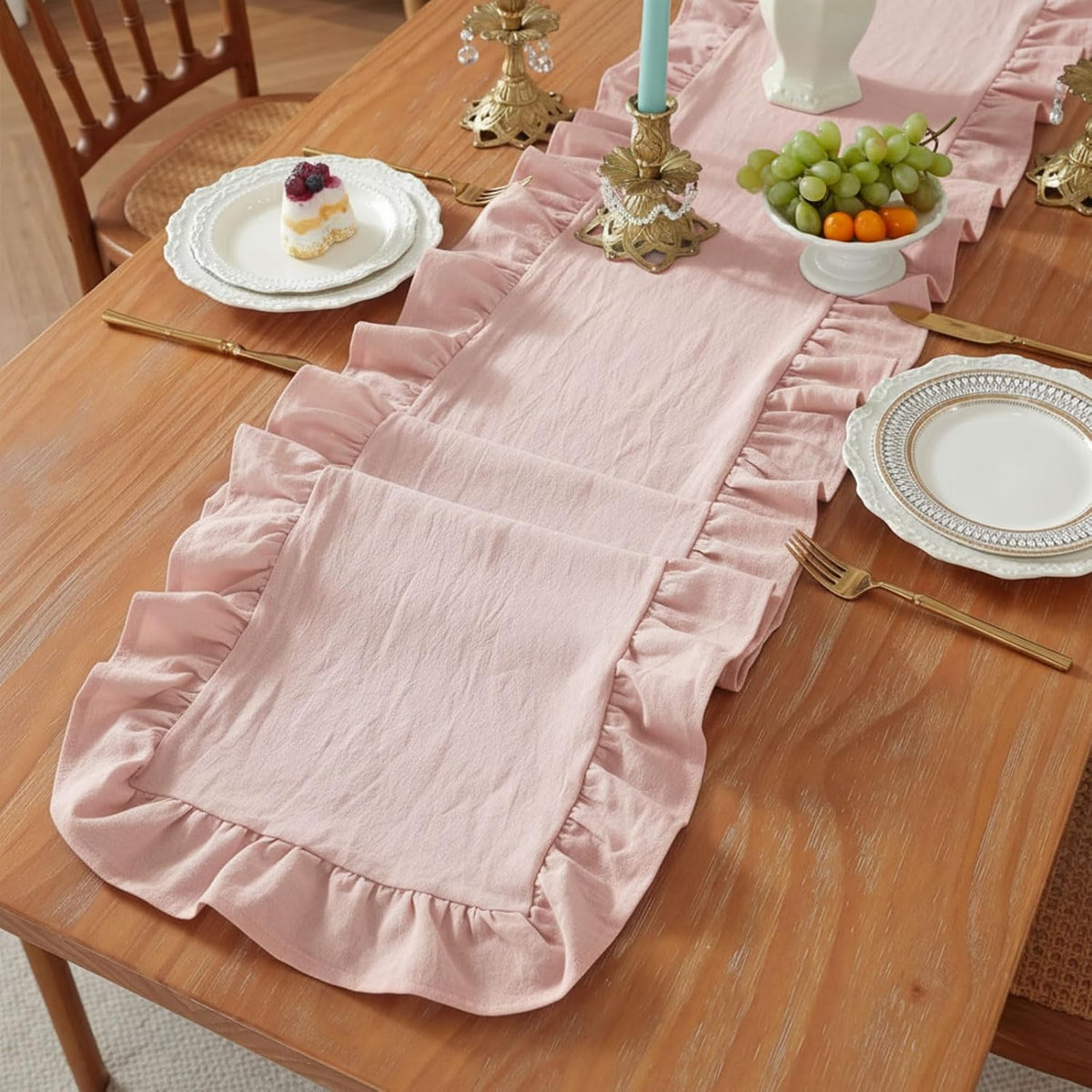 Pink Ruffled Table Runner 72 inch Scalloped Table Runner Cotton Flounces Washable Shabby Farmhouse Rustic Home Kitchen Decoration for Wedding Rectangle Bride Shower Christmas Party