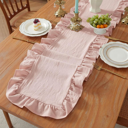 Pink Ruffled Table Runner 72 inch Scalloped Table Runner Cotton Flounces Washable Shabby Farmhouse Rustic Home Kitchen Decoration for Wedding Rectangle Bride Shower Christmas Party