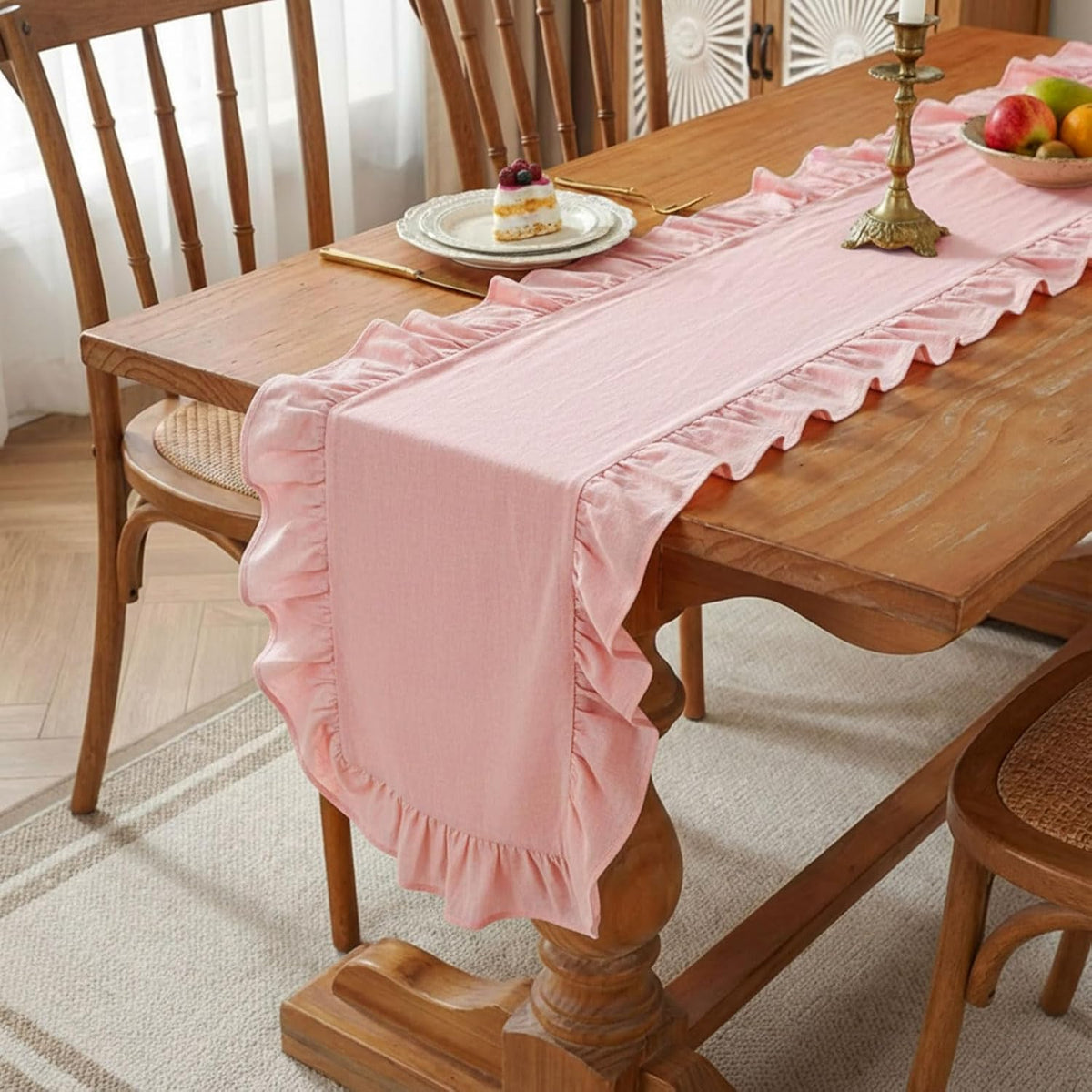 Pink Ruffled Table Runner 72 inch Scalloped Table Runner Cotton Flounces Washable Shabby Farmhouse Rustic Home Kitchen Decoration for Wedding Rectangle Bride Shower Christmas Party