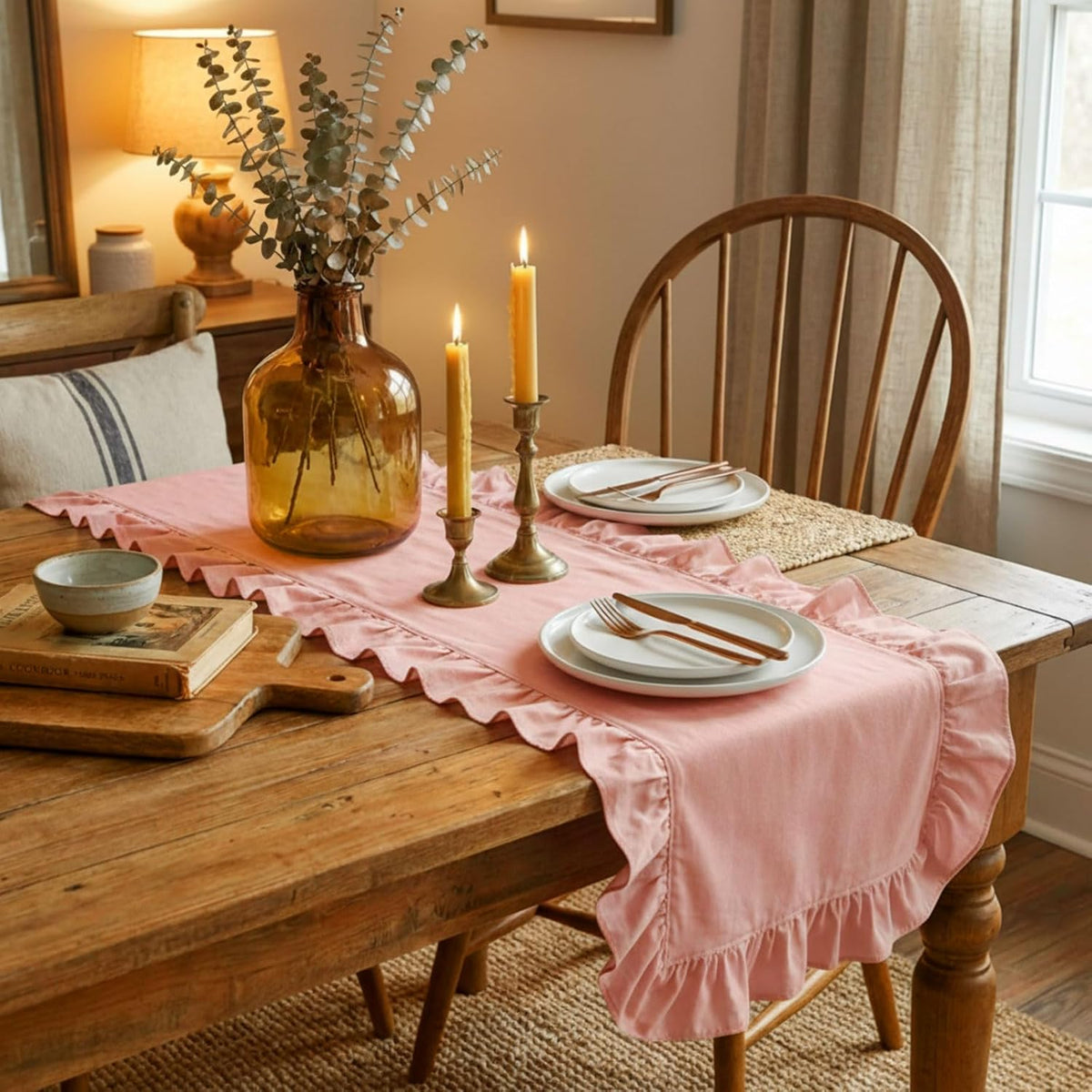 Pink Ruffled Table Runner 72 inch Scalloped Table Runner Cotton Flounces Washable Shabby Farmhouse Rustic Home Kitchen Decoration for Wedding Rectangle Bride Shower Christmas Party