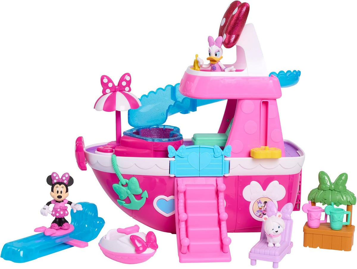 Junior Minnie Mouse Bowdazzling Yacht, Lights and Sounds, 16-piece Playset with Figures, Pink, Boat, Bonus Pieces, Kids Toys for Ages 3 Up by Just Play