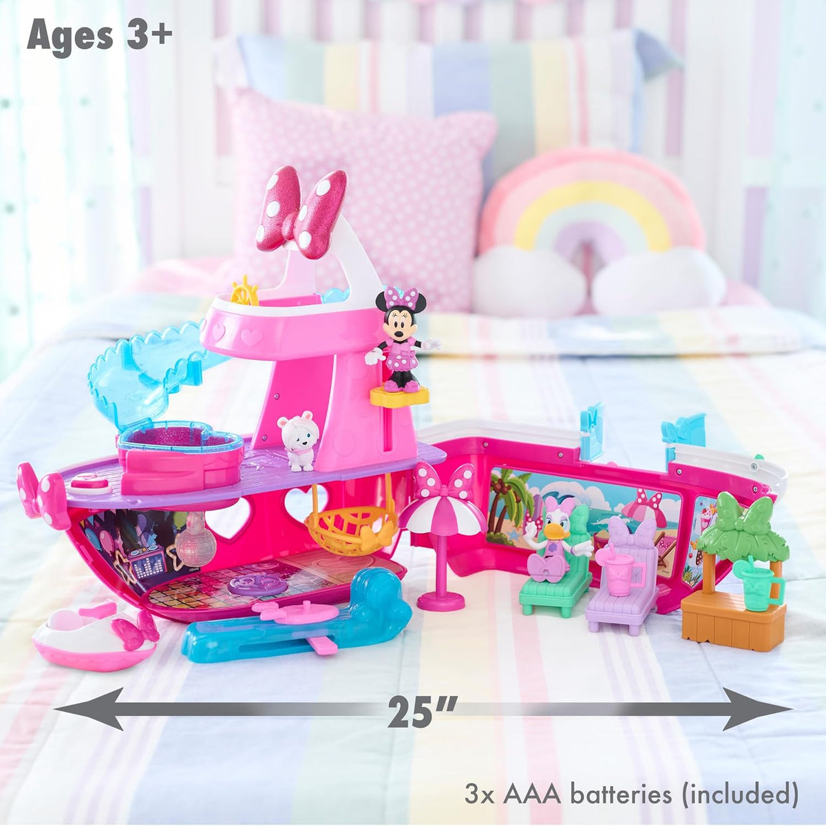 Junior Minnie Mouse Bowdazzling Yacht, Lights and Sounds, 16-piece Playset with Figures, Pink, Boat, Bonus Pieces, Kids Toys for Ages 3 Up by Just Play