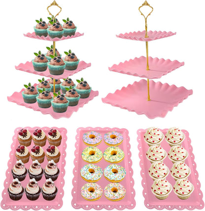 5 Pcs Dessert Table Display Set, Square Cupcake Stand, Pink