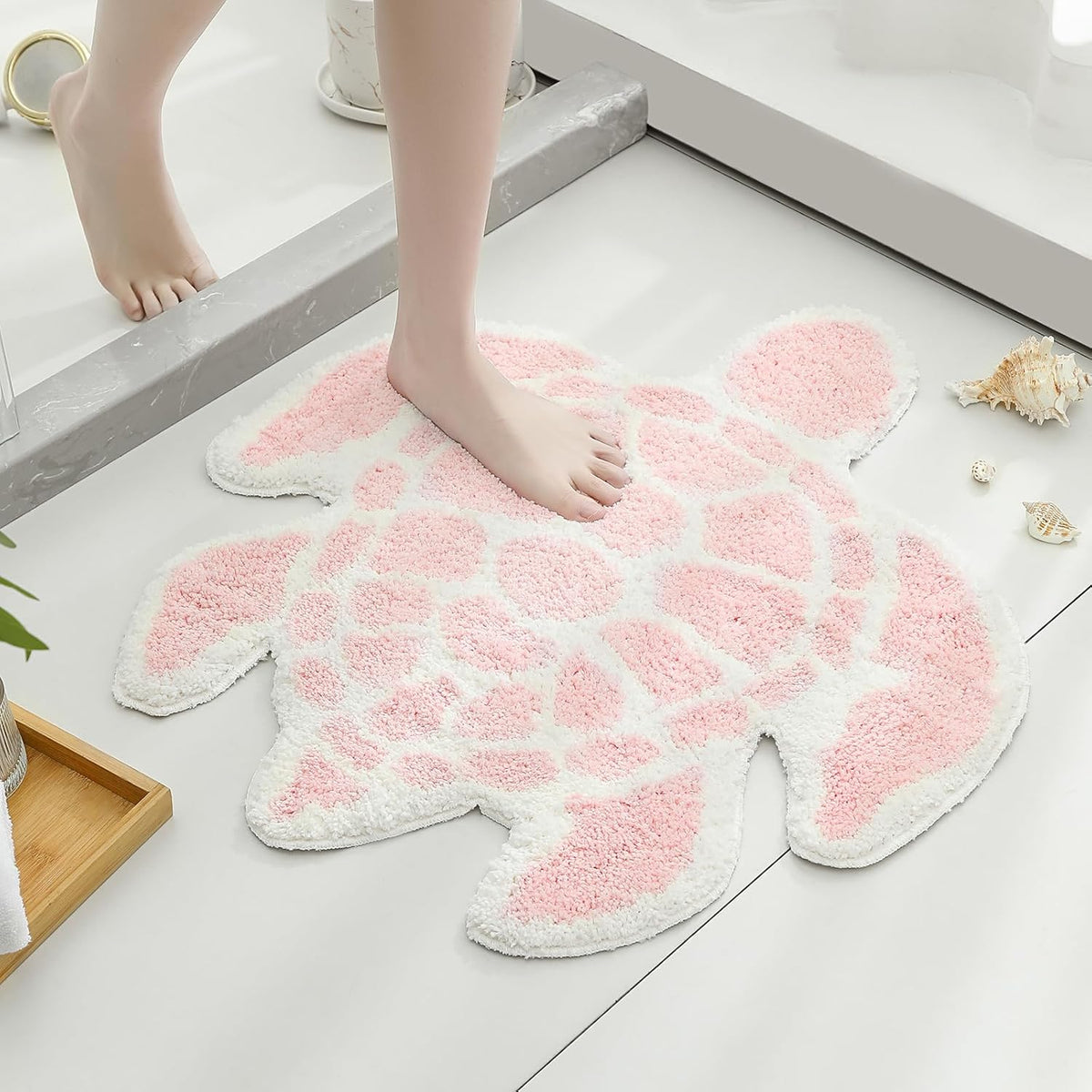YRXRUS Turtle Bathroom Rugs, Ocean Decor Bath Mat Gifts, Light Pink Bathroom Rug, Cute Sea Turtle Shaped Bath Rug for Sring Summer Room Decor, Machine Washable & Non-Slip Bath Mat, 24x26 Inch