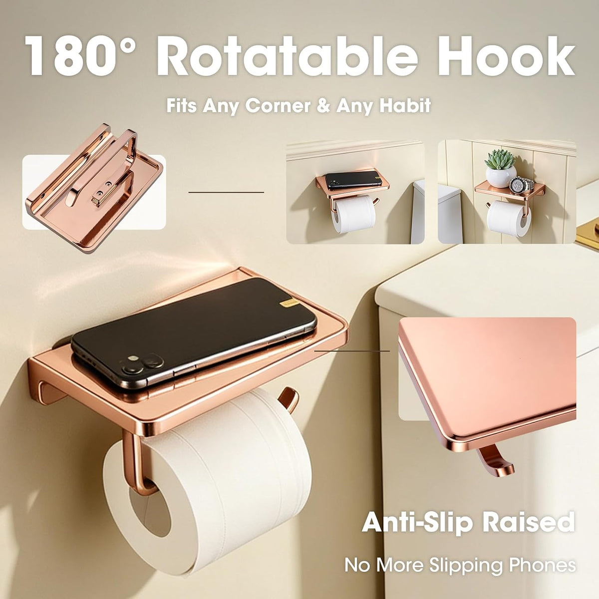 Toilet Paper Holder with Shelf & Phone Stand, Plated Brushed Gold