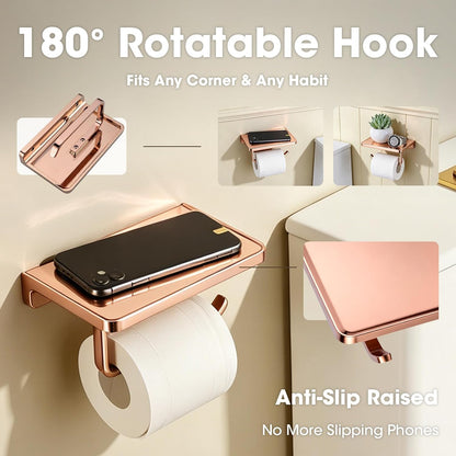 Toilet Paper Holder with Shelf & Phone Stand, Plated Brushed Gold