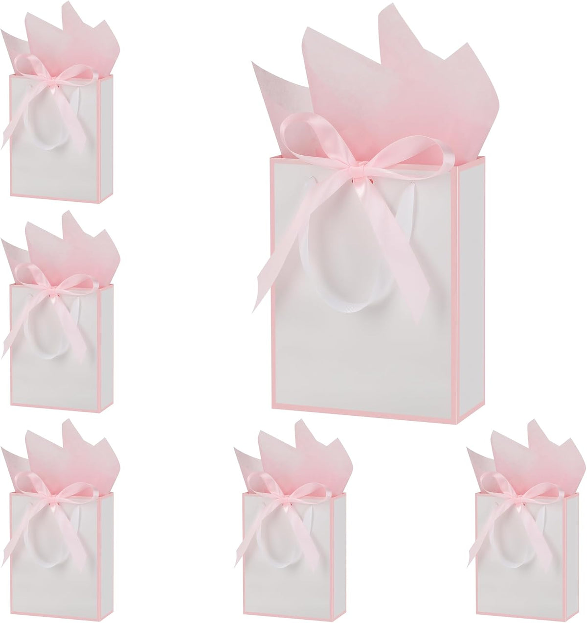 6 Pcs Thank You Gift Bags with Handles and Tissue Paper 9 x 7 x 3. 15'' Elegant Welcome Gift Bags with Bow Ribbon for Wedding Bridesmaid Baby Shower Housewarming Birthday Party(White, Pink)