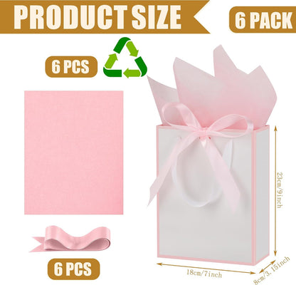 6 Pcs Thank You Gift Bags with Handles and Tissue Paper 9 x 7 x 3. 15'' Elegant Welcome Gift Bags with Bow Ribbon for Wedding Bridesmaid Baby Shower Housewarming Birthday Party(White, Pink)
