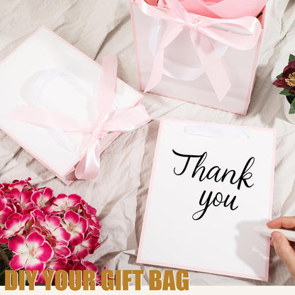 6 Pcs Thank You Gift Bags with Handles and Tissue Paper 9 x 7 x 3. 15'' Elegant Welcome Gift Bags with Bow Ribbon for Wedding Bridesmaid Baby Shower Housewarming Birthday Party(White, Pink)
