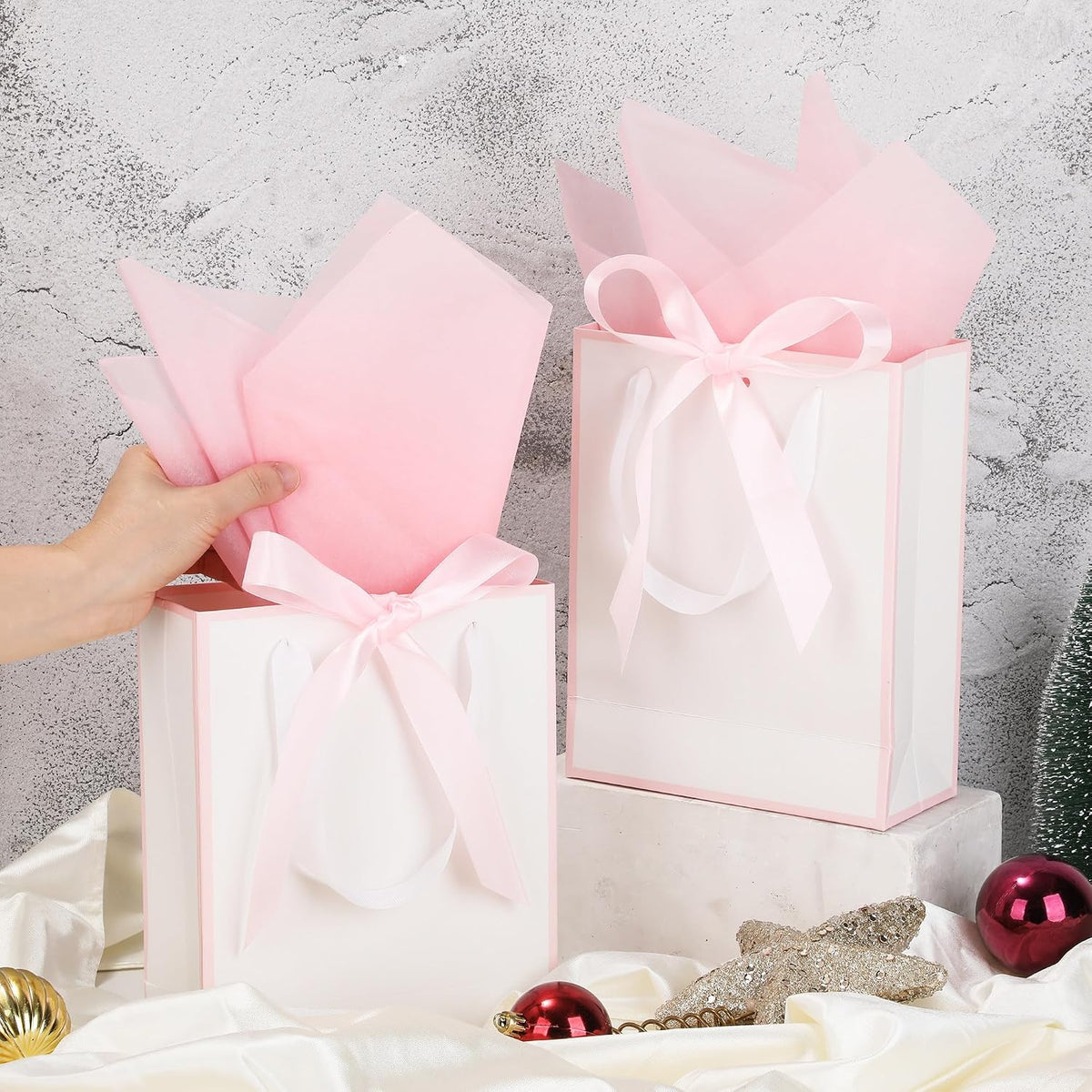 6 Pcs Thank You Gift Bags with Handles and Tissue Paper 9 x 7 x 3. 15'' Elegant Welcome Gift Bags with Bow Ribbon for Wedding Bridesmaid Baby Shower Housewarming Birthday Party(White, Pink)