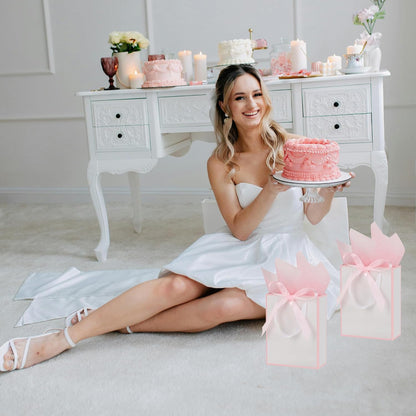 6 Pcs Thank You Gift Bags with Handles and Tissue Paper 9 x 7 x 3. 15'' Elegant Welcome Gift Bags with Bow Ribbon for Wedding Bridesmaid Baby Shower Housewarming Birthday Party(White, Pink)