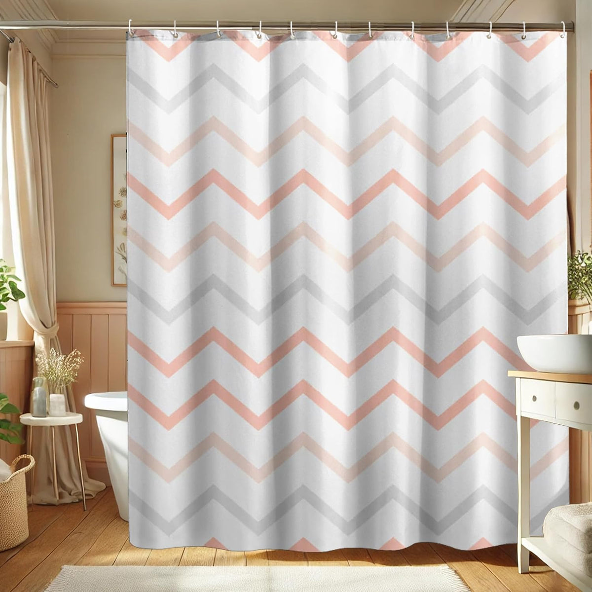 Shower Curtain, Blush Peach Gray Stripe Shower Curtain for Bathroom Decor, Modern Minimalistic Spring Summer Waterproof Fabric Shower Curtain Set with Hooks 72x72 Inch