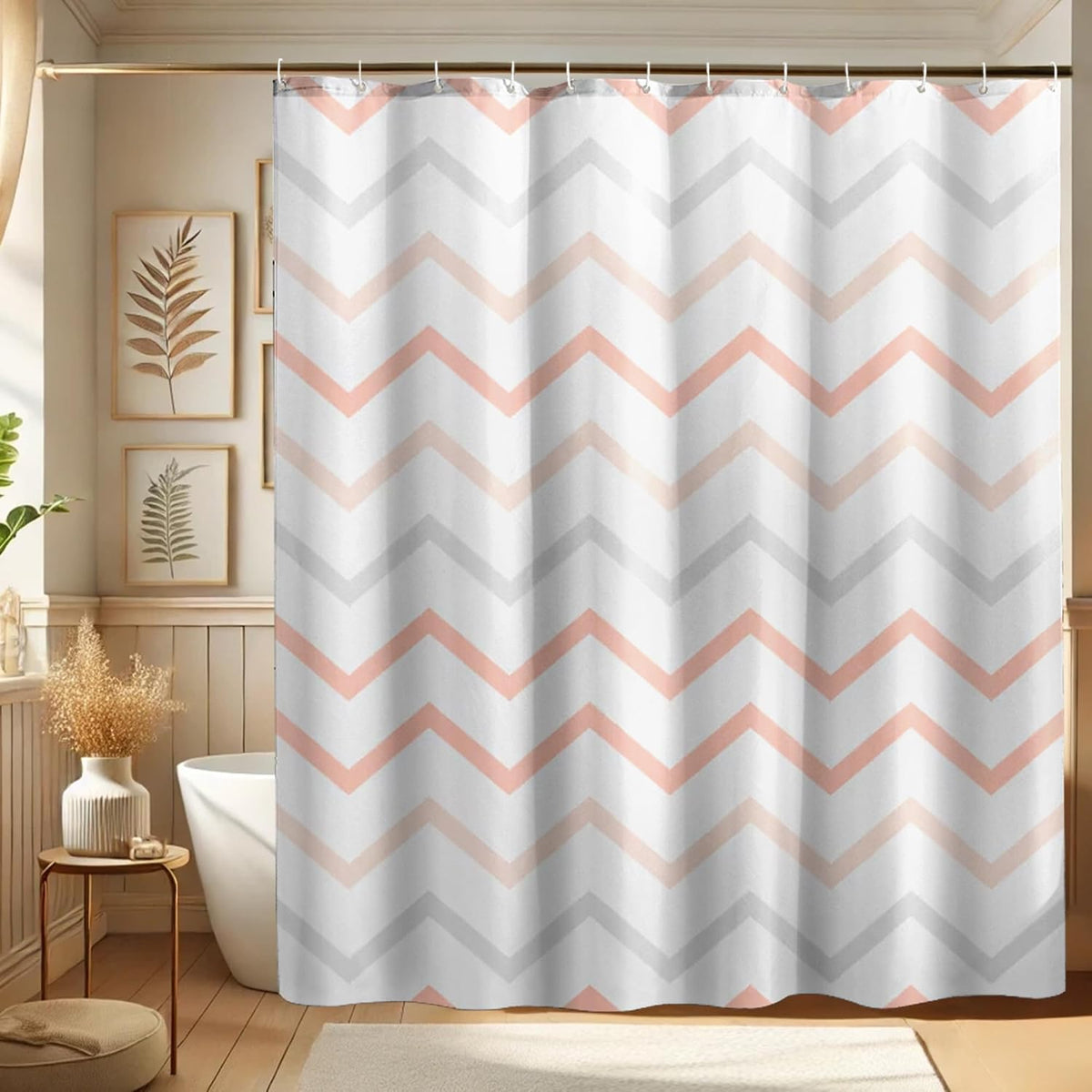Shower Curtain, Blush Peach Gray Stripe Shower Curtain for Bathroom Decor, Modern Minimalistic Spring Summer Waterproof Fabric Shower Curtain Set with Hooks 72x72 Inch