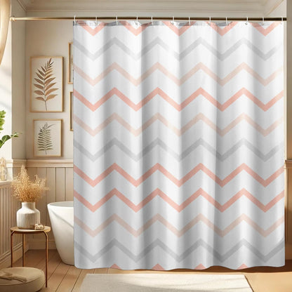 Shower Curtain, Blush Peach Gray Stripe Shower Curtain for Bathroom Decor, Modern Minimalistic Spring Summer Waterproof Fabric Shower Curtain Set with Hooks 72x72 Inch
