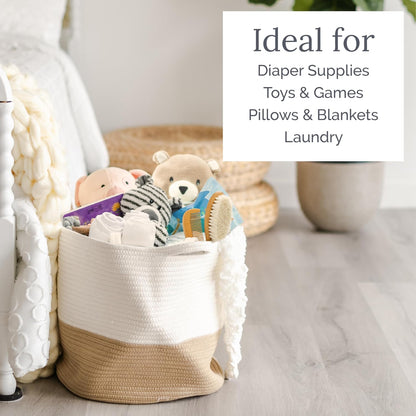 Rope Storage Basket- Nursery Bin and Toy Organizer (15”x15”x14”), Laundry Basket, Basket for Towels, Pillows and Blankets, Perfect Baby Registry Gift