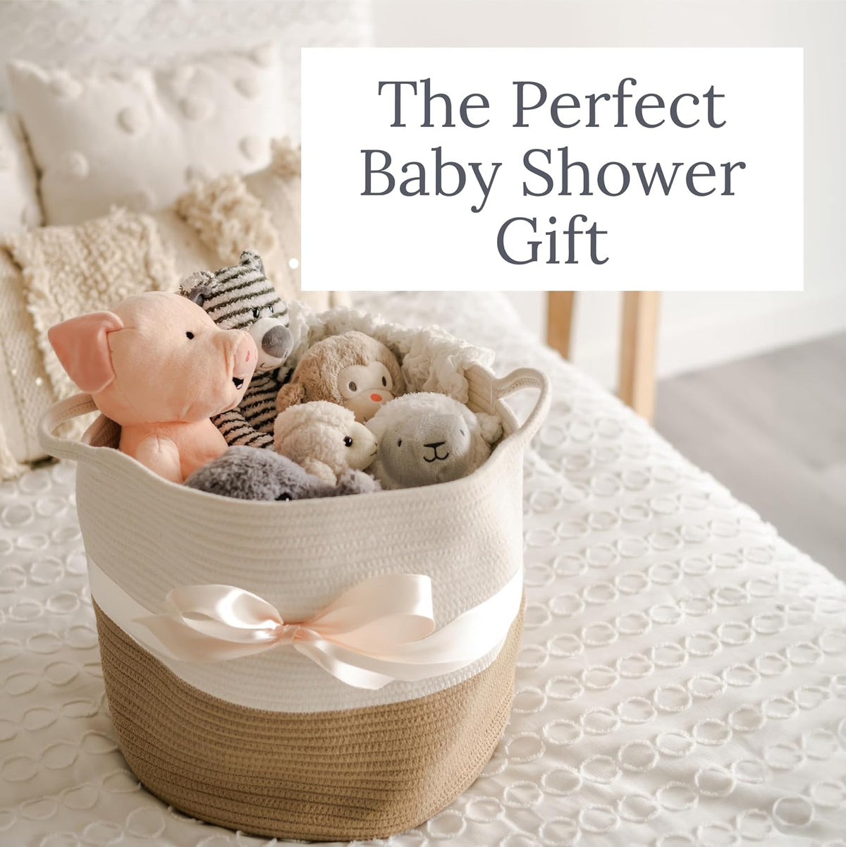 Rope Storage Basket- Nursery Bin and Toy Organizer (15”x15”x14”), Laundry Basket, Basket for Towels, Pillows and Blankets, Perfect Baby Registry Gift