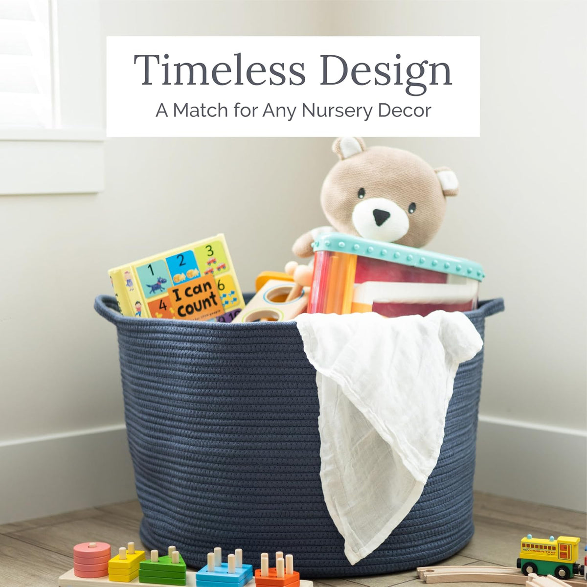 Rope Storage Basket- Nursery Bin and Toy Organizer (15”x15”x14”), Laundry Basket, Basket for Towels, Pillows and Blankets, Perfect Baby Registry Gift