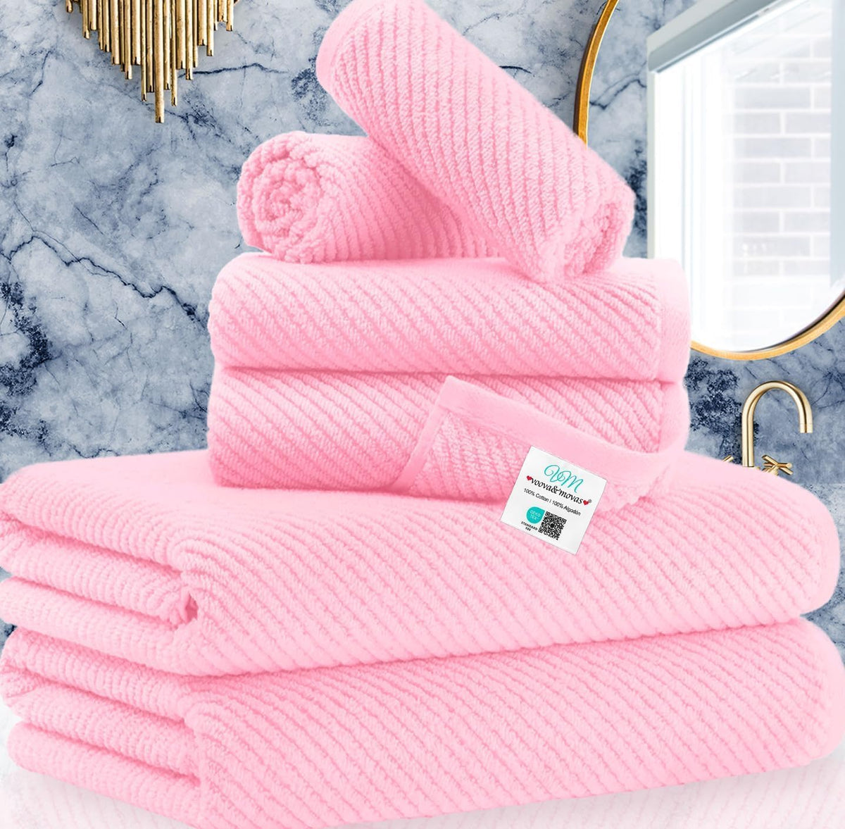 6PC Towel Set, 100% Cotton, Pink