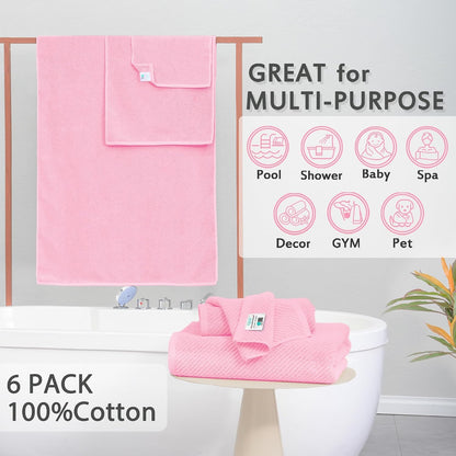 6PC Towel Set, 100% Cotton, Pink