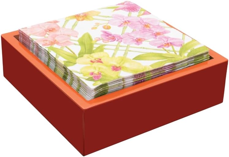 Coral With Gold Lacquer Cocktail Napkin Holder- Decorative 6" Square Holder for Paper Napkins 1 Each